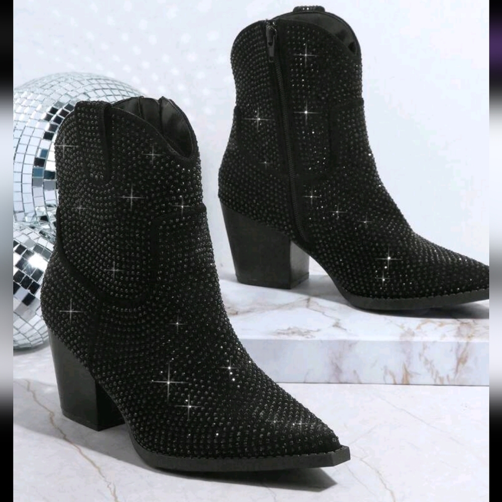 Black Rhinestone Studded Women's Ankle Boots